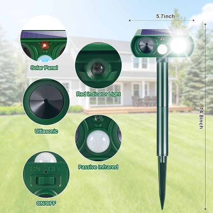 2026 Sonic Fortress Pro Deer Repellent Devices,2 Pcs Solar Animal Repellent Ultrasonic Outdoor for Squirrel Rabbit Skunk Racoon Cat Strobe Light,IP65 Waterproof Motion Sensor Animal Repeller for Yard