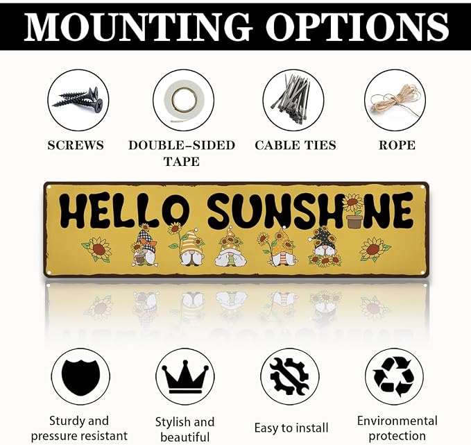 Garden Metal Tin Sign, Hello Sunshine Sign, Vintage Sunflower Farmhouse Wall Art, for Yard Fence Porch, Rustic Outdoor Garden Decoration, Gifts for Gnome Lovers, 15.7 x 3.9 Inches
