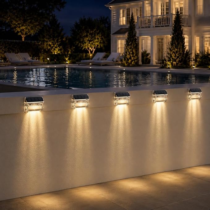 Qualdout Solar Step Lights Outdoor 8 Pack, Waterproof Solar Deck Lights with Clear Acrylic Lens, Warm White Dusk to Dawn Solar Fence Lights for Stairs, Railing, Patio, Yard, Pool, Garden