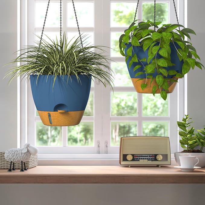 ZMTECH 12 Inch Hanging Planters for Indoor Plants & Outdoor - 2 Pack Self-Watering Hanging Pots with Drainage Holes, Visual Reservoir, Plastic Hanging Baskets Flower Pots with Removable Saucer, Blue
