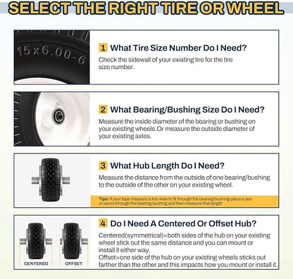 15x6.00-6 Flat Free Lawn Mower Tire and Wheel, 15x6-6 Front Tire Assembly Compatible with John Deere Husqvarna Riding Mowers Lawn Tractors, with 3/4" & 5/8" Bearings, 3" Centered Hub, 2 Pack