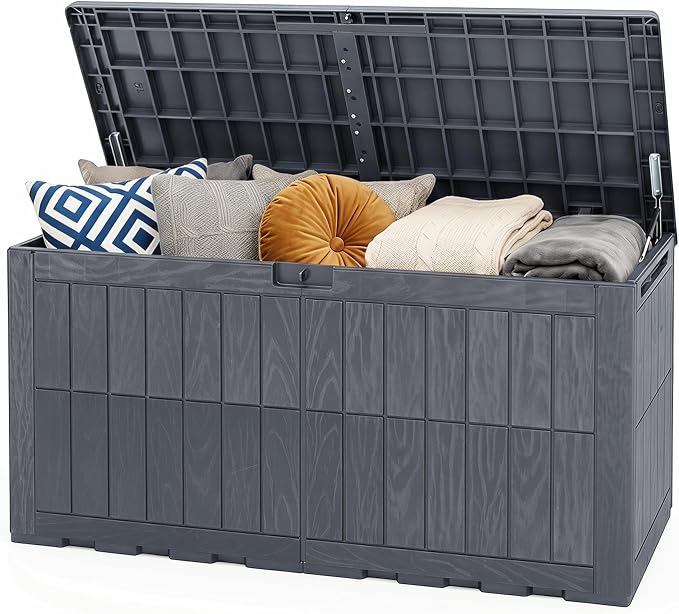 Tangkula 120 Gallon Outdoor Storage Box, Waterproof PP Resin Patio Storage Box with Lockable Lid for Indoor & Outdoor Use, 2-in-1 Rattan Design Deck Box for Cushions, Garden Tools