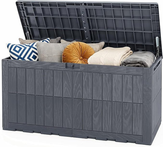 Tangkula 120 Gallon Outdoor Storage Box, Waterproof PP Resin Patio Storage Box with Lockable Lid for Indoor & Outdoor Use, 2-in-1 Rattan Design Deck Box for Cushions, Garden Tools