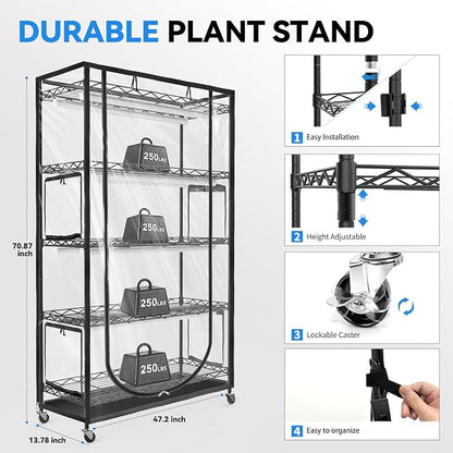 JESLED Indoor Greenhouse with Grow Light, 47.2x13.8x70IN | 4FT Full Spectrum 5000K LED for Seed Starting, Tiered Lighting Control, Built-in Timer & Thermo-Hygrometer