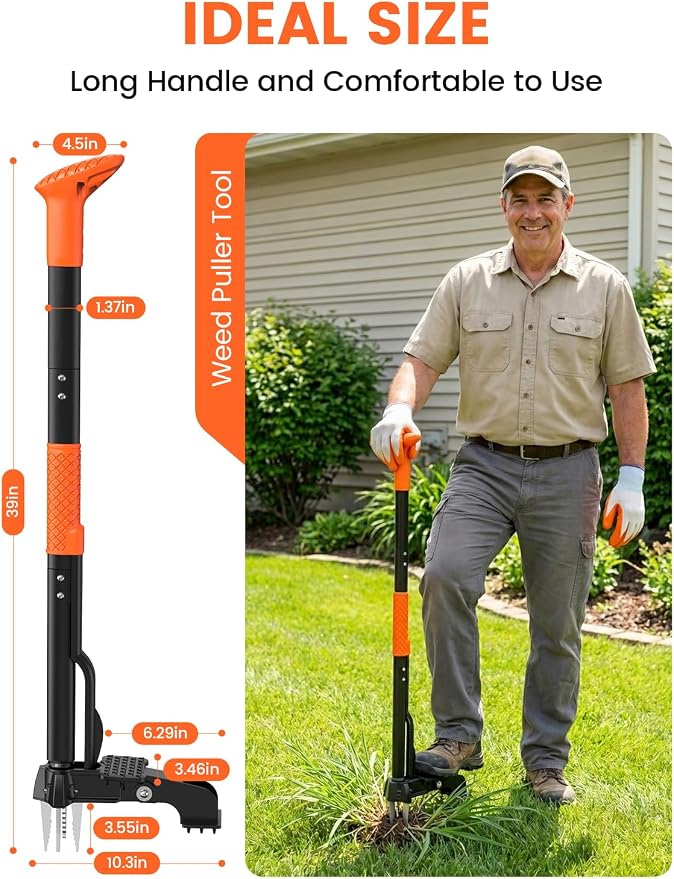 Weed Puller Tool 4-Claw Stand Up Weed Remover tools with Ergonomic Long Handle/Foldable Foot Pedal/Easy Eject,Heavy Duty Garden Weeding Tools for Dandelion,Crabgrass,Thistle–No Bending Kneeling
