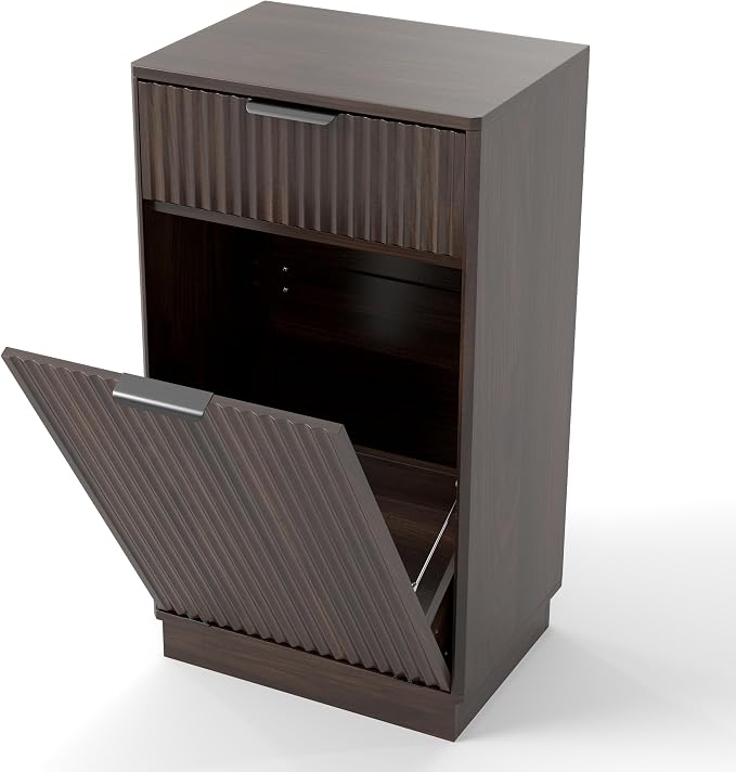 Ball & Cast 10-Gallon Tilt Out Trash Can Cabinet with Hideaway Drawer, Wooden Freestanding Garbage & Recycling Cabinet, Wave-Textured Pull-Out Bin for Kitchen, Bathroom, Living Room (Walnut)