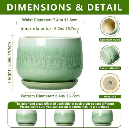 Ceramic Pots for Plants - 7 Inch Planters for Indoor Plants, Round Ceramic Plant Pot with Drainage Hole and Saucer, Decorative Planters, Rustic Home Decor, Plant Gifts for Women, Green