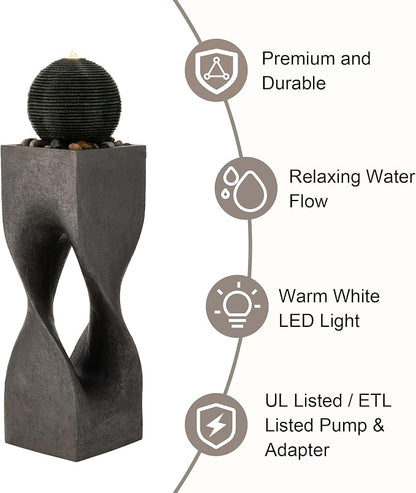 Glitzhome Outdoor Water Fountain, Outdoor Fountain with Lights, 36.5" H Modern Geometric Pedestal and Sphere Polyresin Outdoor Floor Standing Fountain with Pebbles, Pump for Garden, Patio, Backyard