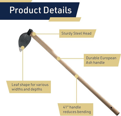Hoe Garden Tool - 41” Heart-Shaped Steel Garden Hoe with European Ash Wood Handle - Heavy Duty Multipurpose Gardening Tools for Weeding, Digging, and Loosening Soil by Kings County Tools