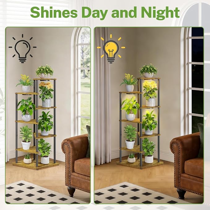 iDavosic.ly Tall Plant Stand with Grow Lights for Large & Heavy Duty Planters, 6 Tier Indoor Corner Flower Shelf with Wooden Trays & Metal Frame, Orchid Rack for Living Room Balcony, Black & Brown