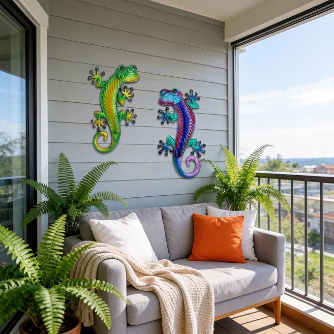 HONGLAND Lizard Metal Wall Art-15 Inch Gecko Wall Decor Hanging Glass Sculpture, 2 Pack Yard Decorations Outdoor for Garden Fence Home