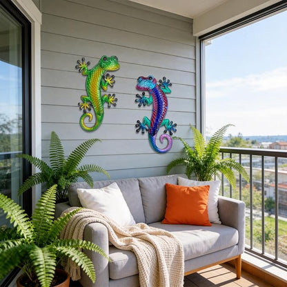 HONGLAND Lizard Metal Wall Art-15 Inch Gecko Wall Decor Hanging Glass Sculpture, 2 Pack Yard Decorations Outdoor for Garden Fence Home