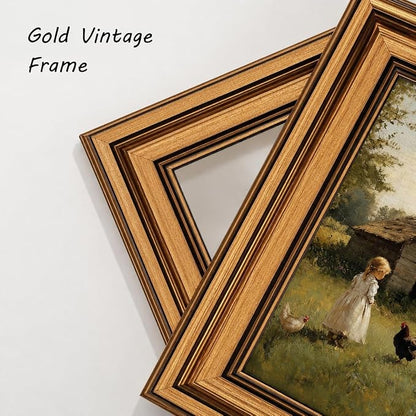 Devunaty Gold Framed Country Canvas Wall Art, Vintage Farm Girl with Chickens Poster Print, Rustic Landscape Painting Picture, Pastoral Farmhouse Artwork Wall Decor for Bedroom Nursery Bathroom 12x16in