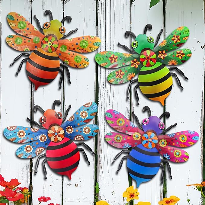 VOKPROOF Metal Bee Wall Art Decor, Outdoor Fence Decor for Patio Yard Garden, Hanging Decorations for Living Room, Bedroom(4 Pack)
