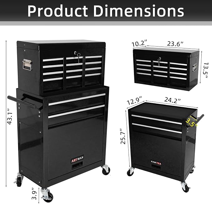 8-Drawer Tool Chest, Detachable Top Box for Garage,Black | Rolling Mobile Storage Cabinet Organizer with Lockable Wheels for Workshop Utility, Heavy Duty Metal Construction