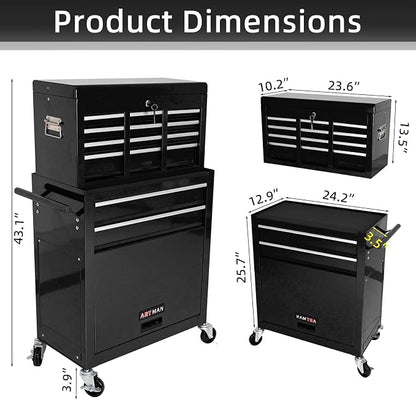 8-Drawer Tool Chest, Detachable Top Box for Garage,Black | Rolling Mobile Storage Cabinet Organizer with Lockable Wheels for Workshop Utility, Heavy Duty Metal Construction