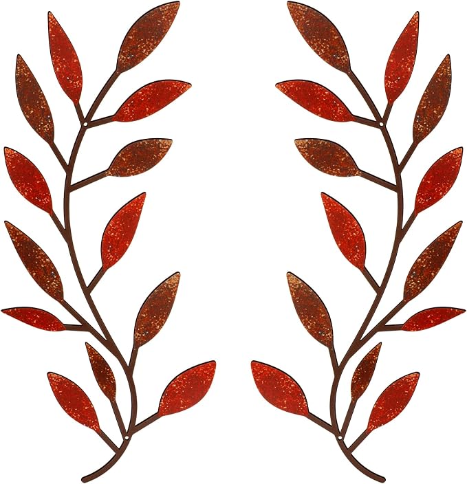 Zhengmy 2 Pieces Metal Tree Leaf Wall Decor Vine Olive Branch Leaf Wall Art Living Room, Hallway Wall Decor Outdoor Decoration(Autumn Color)