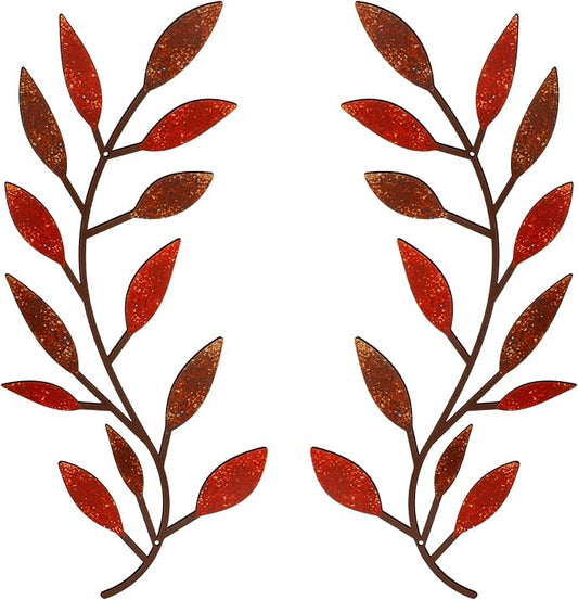 Zhengmy 2 Pieces Metal Tree Leaf Wall Decor Vine Olive Branch Leaf Wall Art Living Room, Hallway Wall Decor Outdoor Decoration(Autumn Color)