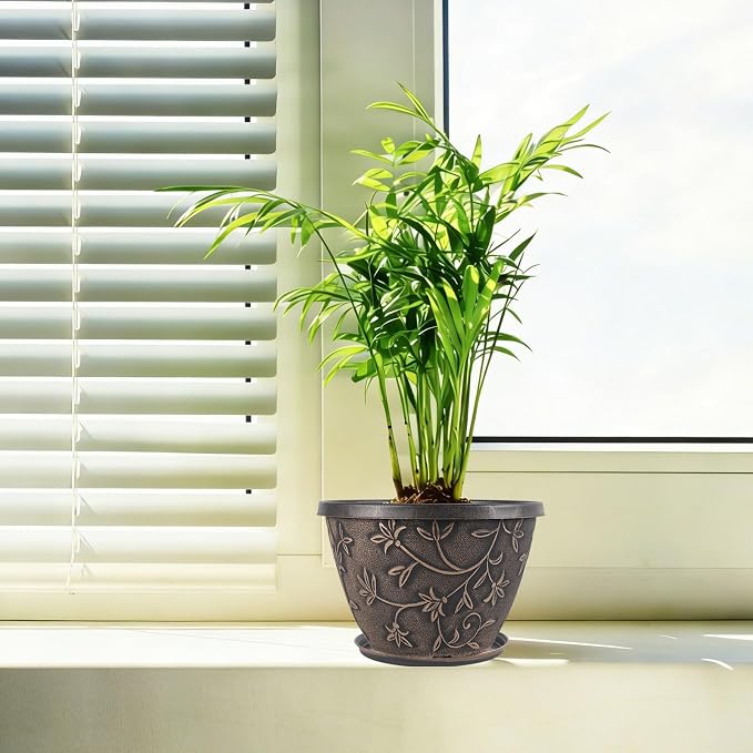 Nooulap 8 Inch Plant Pot with Drainage Hole, 4 Pack Plastic Flower Pot for Indoor Outdoor Plants, Decorative Small Planter for Desk, Balcony & Garden (Retro Brown)