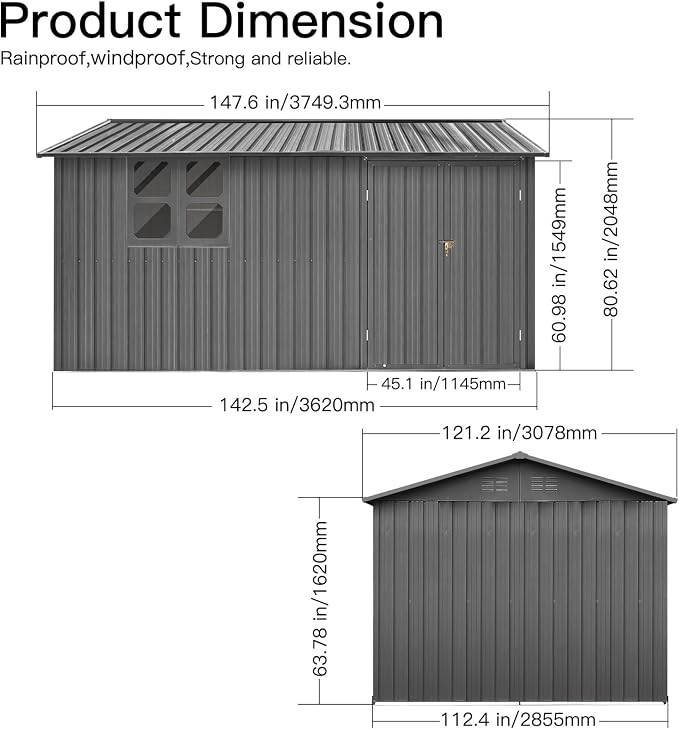 KEIKI 12x10 Ft Metal Outdoor Storage Shed Garden with Window, Foldable Worktable & Shelves, Lockable Door, Waterproof Apex Roof Heavy Duty Tool House for Backyard Garden Lawn, Grey