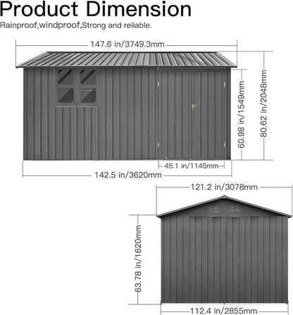 KEIKI 12x10 Ft Metal Outdoor Storage Shed Garden with Window, Foldable Worktable & Shelves, Lockable Door, Waterproof Apex Roof Heavy Duty Tool House for Backyard Garden Lawn, Grey