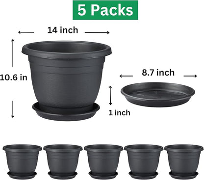 5 Packs 14 inch Flower Pots + Saucer, Planters for Indoor & Outdoor Plants with Drainage Holes | Plastic Flower Pots, Large Planter (Black, 14 inch)