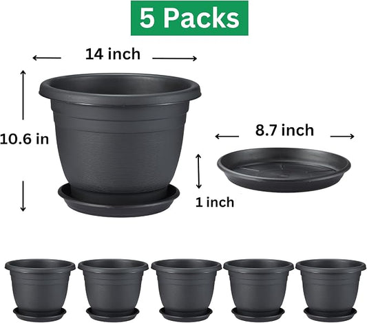 5 Packs 14 inch Flower Pots + Saucer, Planters for Indoor & Outdoor Plants with Drainage Holes | Plastic Flower Pots, Large Planter (Black, 14 inch)