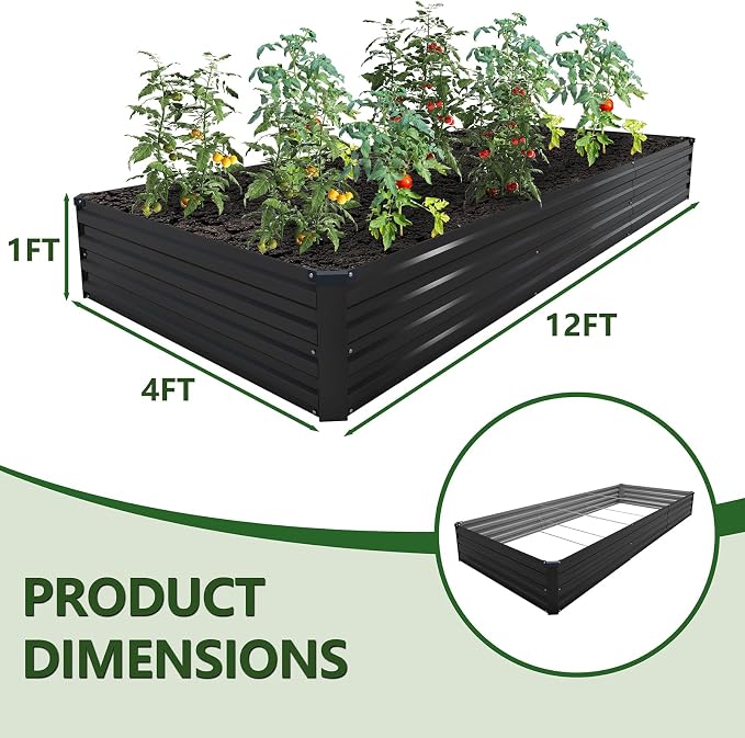 2PCS 12x4x1ft Galvanized Raised Garden Bed Kit,Gardening Planter Box | Outdoor Elevated Metal Planter Box For Vegetables, Flowers, Herbs, Anti-Rust Galvanized Steel, Open Drainage, Sturdy (Black)