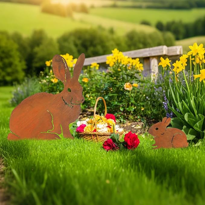 CroBlissful 2 Pack Mama and Baby Bunny Garden Stake, Metal Bunny Statue Realistic Long Ear Rabbit Animal Stake Pack Decorative Yard Stakes Garden Rabbit Statue Outdoor Flowerbed Outdoor Decor, Rust