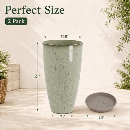 Neoaider Set of 2 Tall Planter, 21 inch Large Plastic Planter, Drip Glaze | Ceramic-Look, Lightweight, Built-in Drain Hole, Saucers, Tall Outdoor Planter for Porch, Garden, Patio, Balcony