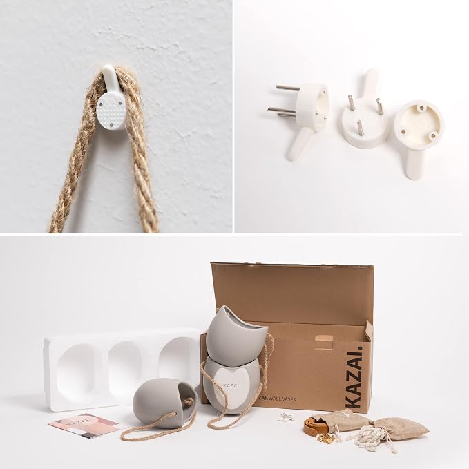 Kazai. Wall Planters -Ellie- | Hanging Ceramic Plant Pots 3 Pieces | Wall Decoration for Indoors, Balcony and Garden | Light Gray (Matte)
