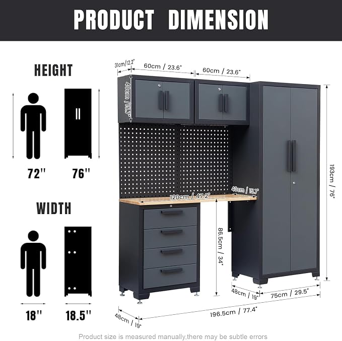 Garage Storage Cabinet System, 7PCK Workshop Set Garage Cabinets and Storage System with Steel Cabinet Drawers, Workbench, Pegboard for Tool Organization