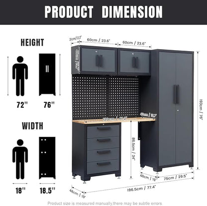 Garage Storage Cabinet System, 7PCK Workshop Set Garage Cabinets and Storage System with Steel Cabinet Drawers, Workbench, Pegboard for Tool Organization