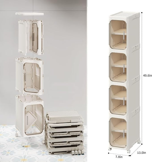 LXLXXL 4-Tier Narrow Storage Cabinet Slim Bathroom Storage Cabinet with Movable Wheels Tall Bathroom Organizer Skinny Cabinet for Small Spaces，Beige