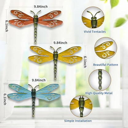 PLASUPPY Metal Dragonfly Wall Decor Outdoor Garden Fence Art Hanging Decorations for Patio, Yard, Indoor Home, Living Room, Bedroom, 3 Pack (Small)