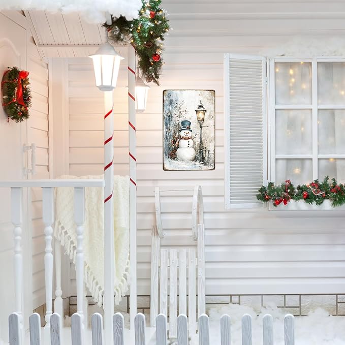 Snowman Sign Winter Vintage Metal Signs Aluminum Tin Signs for Farmhouse Outdoor Home Yard Garden Bar 12×8 Inch