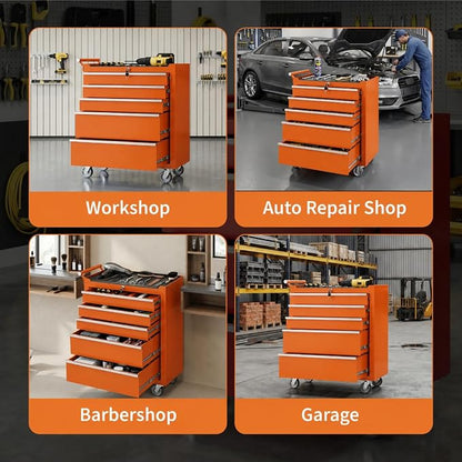 IDEALHOUSE Rolling Tool Chest, 5 Drawers Tool Storage Cabinet, Toolbox with Wheels, Portable Tool Cabinet Organizer with Locking System & Drawer Liners, Tool Storage Cart for Garage, Workshop, Orange