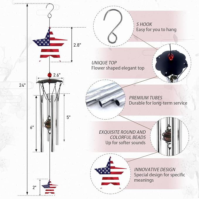 Wind Chimes for Outside 24" Wind Chime Outdoor Veteran Gifts for Home Patio Outdoor Windchimes Outdoors Small Wind Chimes for Outside -Christmas Birthday,