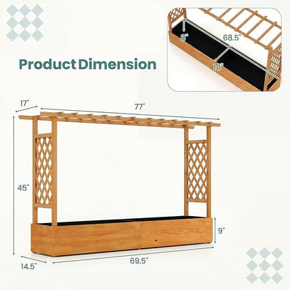 HAPPYGRILL Raised Garden Bed with Trellis, Freestanding Wood Planter Box w/Hanging Roof & 8 Drainage Holes for Vine, Climbing Plants, Flowers, Outdoor Planter with Trellis for Garden, Patio, Yard