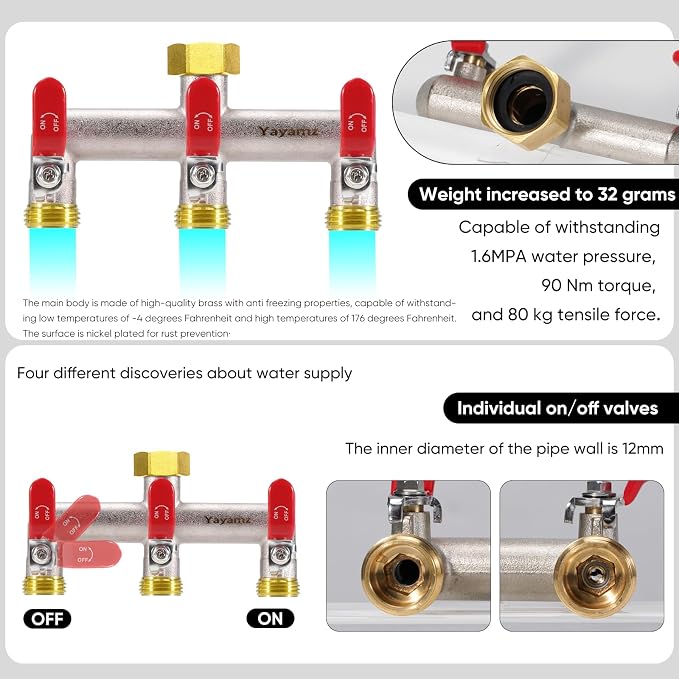 3 Way Garden Hose Splitter, Heavy Duty Brass Nickel Plated Rust Resistant Faucet Manifold, 3/4" Frost Resistant Outdoor Hose Adapter Connector，Hose Spigot Adapter with 3 large red handles