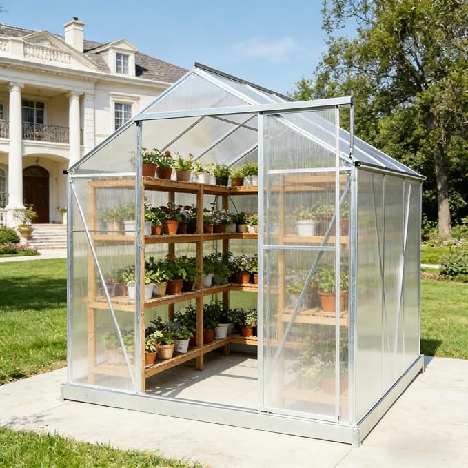 6x6 FT Greenhouse, Walk-in Polycarbonate Greenhouse, Heavy Duty Aluminum Outdoor Green House Kit with Sliding Door, Roof Vent, Rain Gutter for Backyard Garden All Season Growing, Sliver