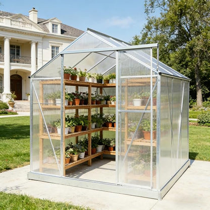 6x6 FT Greenhouse, Walk-in Polycarbonate Greenhouse, Heavy Duty Aluminum Outdoor Green House Kit with Sliding Door, Roof Vent, Rain Gutter for Backyard Garden All Season Growing, Sliver