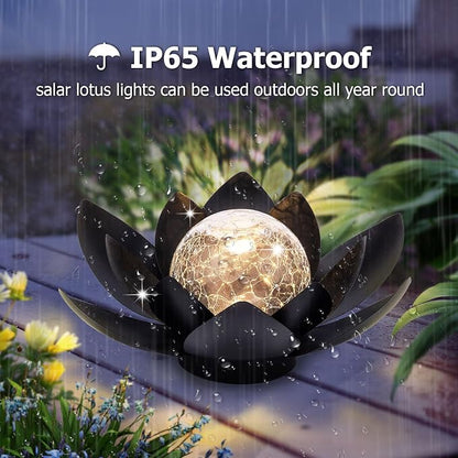 Huaxu Solar Lights Outdoor Garden Decor Metal Black Lotus Decoration, Crackle Globe Glass Waterproof LED Outside Table Lamp for Patio,Lawn, Yard,Walkway,Tabletop,Ground Gifts for Mom