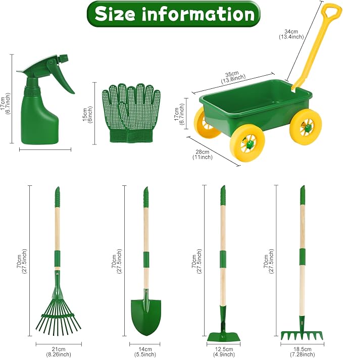 Kids Gardening Tools Set, Outdoor Wheelbarrow with Shovel & Rake, 7pcs | Shovel, Rake, Summer Outdoor Digging Weeds & Yard Play, Easter Birthday Gift for Boys & Girls Age 2 3+