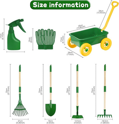 Kids Gardening Tools Set, Outdoor Wheelbarrow with Shovel & Rake, 7pcs | Shovel, Rake, Summer Outdoor Digging Weeds & Yard Play, Easter Birthday Gift for Boys & Girls Age 2 3+