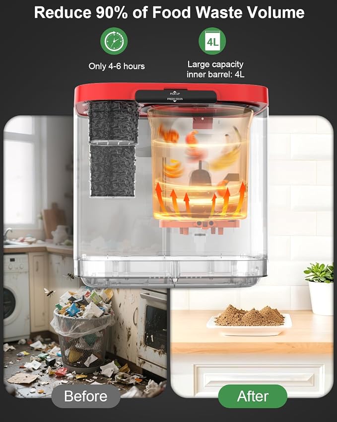 Electric Composter for Kitchen, 4L Indoor Odorless Compost Bin with 2 Carbon Filters, Upgraded Brushless Motor, Auto-Clean, LED Display, Visible Window, Smart Countertop Food Waste Composting Machine