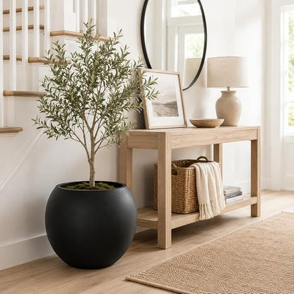 17" H x 21" Dia Black Fiberstone Planter Pot with Drainage Hole, Extra Large Indoor Outdoor Flower Pot for Artificial Olive Trees, Large Plants & Shrubs, Decorative Planter for Patio, Porch & Garden