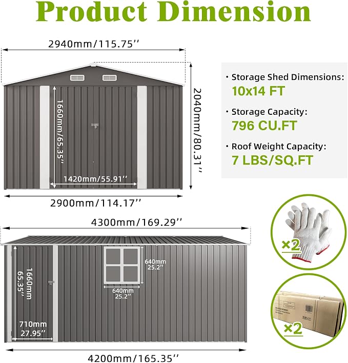 YOPTO 10x14 FT Large Outdoor Storage Shed,Durable Metal Garden Shed with Three Lockable Doors and Two Windows,Waterproof Tool Shed for Backyard Patio,All-Weather Shelter for Bike,Lawn Mowers,Grey