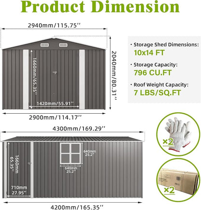 YOPTO 10x14 FT Large Outdoor Storage Shed,Durable Metal Garden Shed with Three Lockable Doors and Two Windows,Waterproof Tool Shed for Backyard Patio,All-Weather Shelter for Bike,Lawn Mowers,Grey