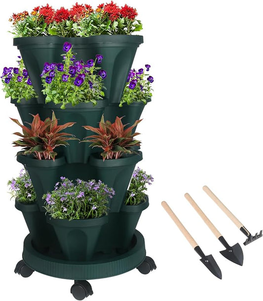 GameXcel Vertical Planter Tower - 4 Tier Stackable Garden Planters with Wheels and Tools Plant Pots for Strawberry Herb Flower and Vegetable Indoor Outdoor Use Green